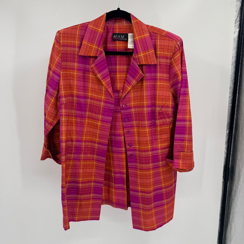 M.H.M. Melissa Harper VTG Womens Plaid Longline Blazer Orange Magenta 10 Retro